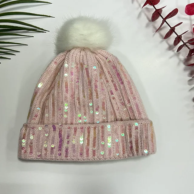 5500002695 Girls Rib Sequins Beabie With Pompom