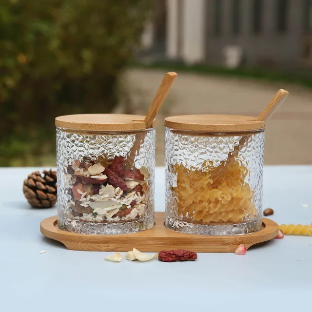 Modern Glass Food Storage Containers with Wood Lid, Spoon and Base Set of 2 - Kitchen Canisters for Sugar, Candy, Cookie, Rice