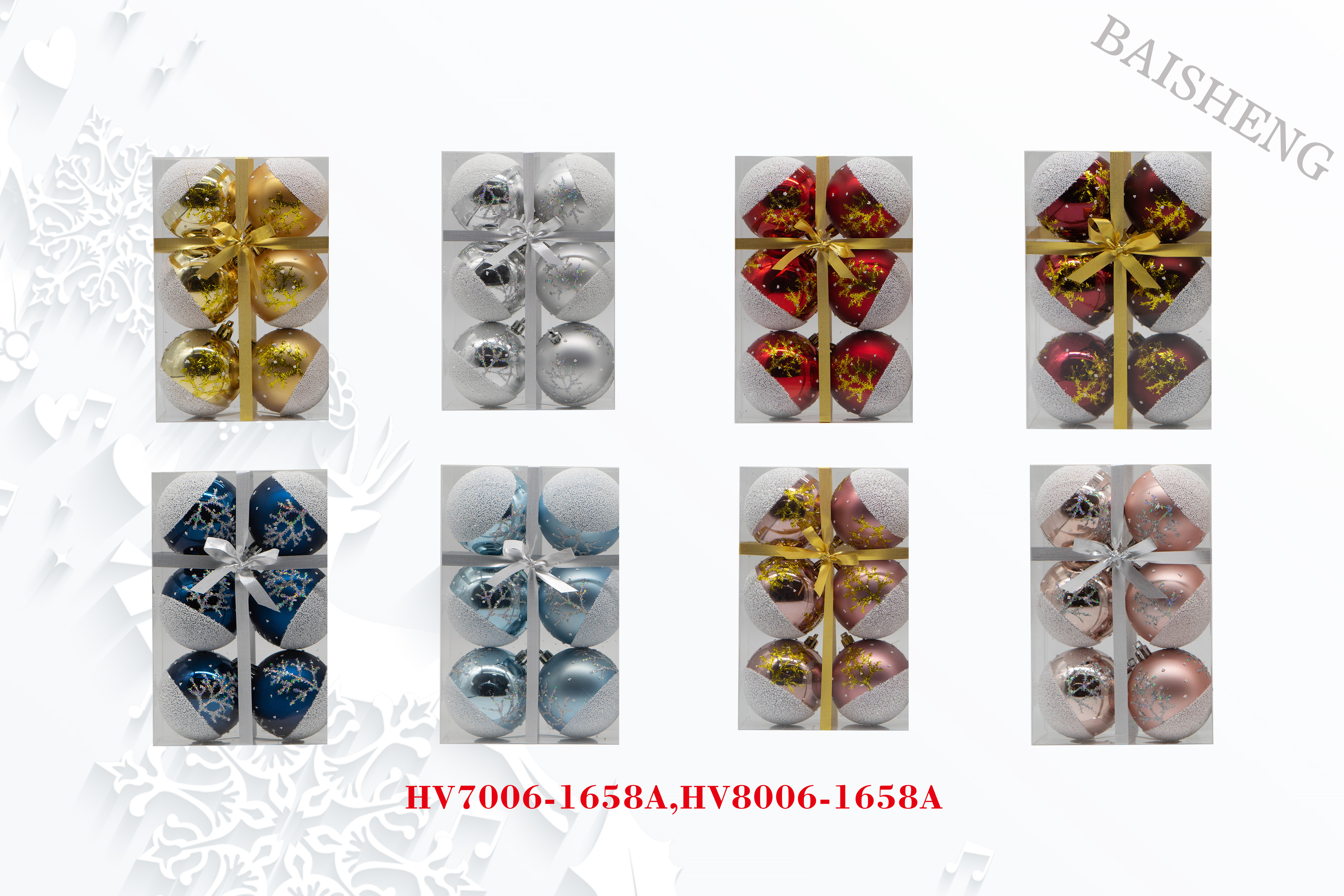 8cm Painted Christmas Balls, 6pcs In PVC Box With Ribbon