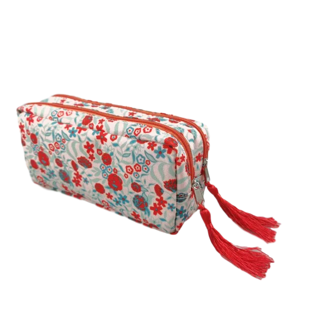 Red floral ribbon matching tassel double - layer pencil case
