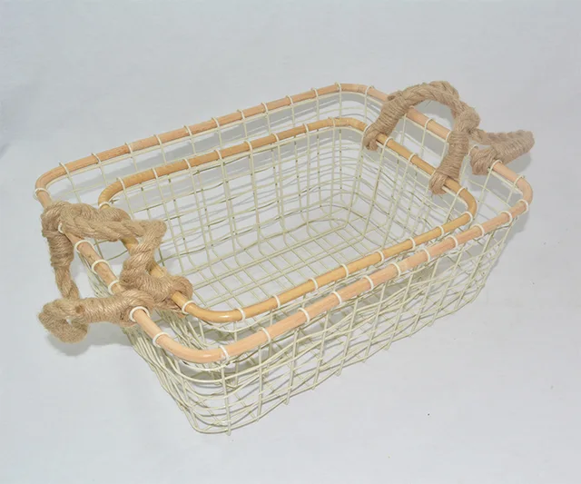 Wire storage basket with natural rattan trim and hemp lope handle set of 2