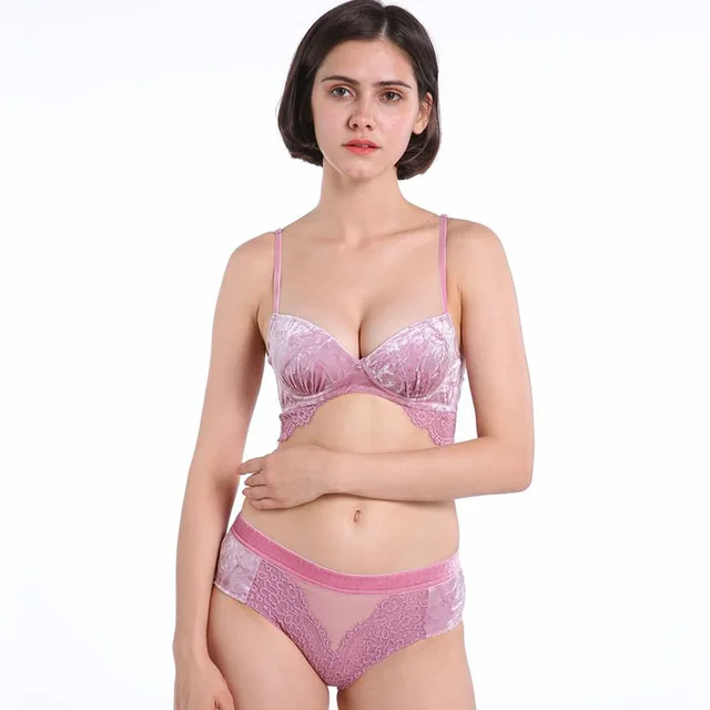Ladies velvet lace mesh push cup wireless bra and brief set