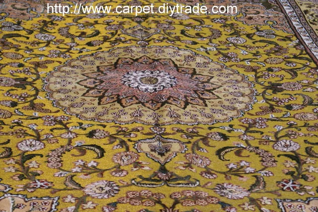 Handmade Gold Silk Persian carpet, golden silk silk carpet, golden silk tapestry, artistic gold silk tapestry