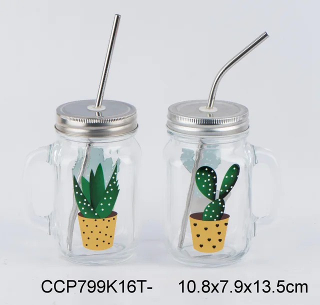 Glass juice mug with handle with stainless steel straw and popular design