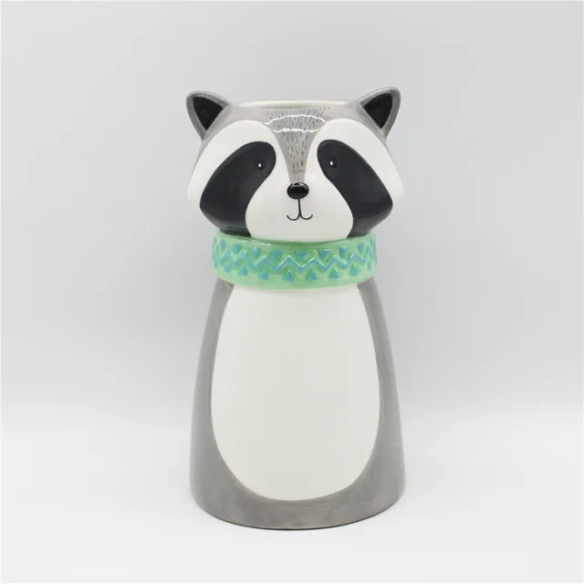 Ceramic raccoon flower receptacle, hand-painted animal flower receptacle