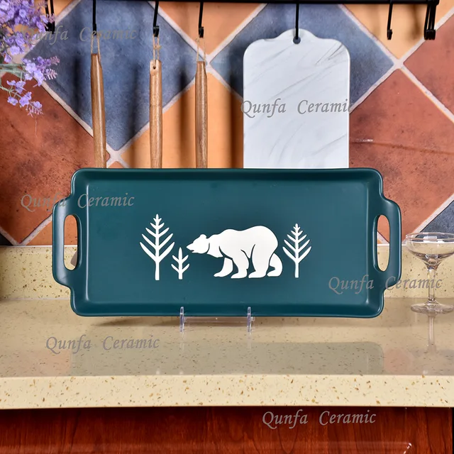 2020 Environmental theme forest bear design microwave safe porcelain heat resistant rectangular ceramic baking Pan
