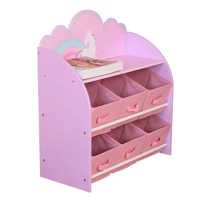 Wooden Kids Bookshelf With 6 Fabric Bins