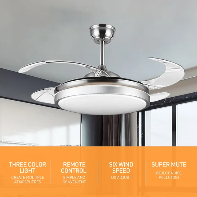 European Fancy Folding Transparent Hidden Blade Invisible Celling Fan Lamp Led Ceiling Fan Light