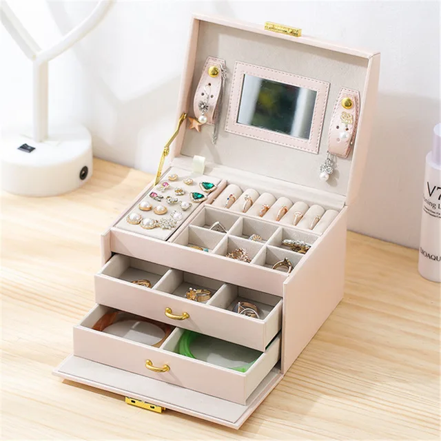 Travel Portable Anti Dust Three Layers Solid PU Leather Jewelry Box with Mirror