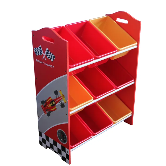 Wooden Race Car Toys Organizer With Plastic Bins