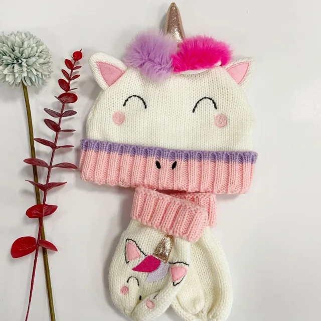 Ys201380 Girls Unicorn Beanie Hat And Mitten Set