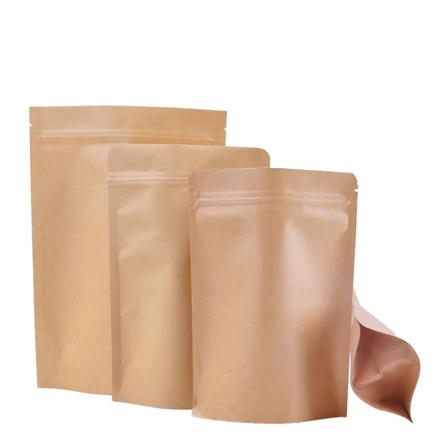 Wholesale Biodegradable Zipper Brown Kraft Paper Bags Tea Food Packaging Stand Up Paper Ziplock Bag