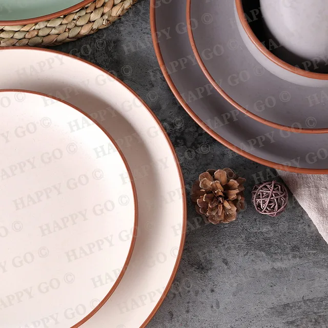 27.8CM/19.5CM/20CM Matte glazed, with brown rim stoneware dishes, brown, blue, green, yellow, beige, pink