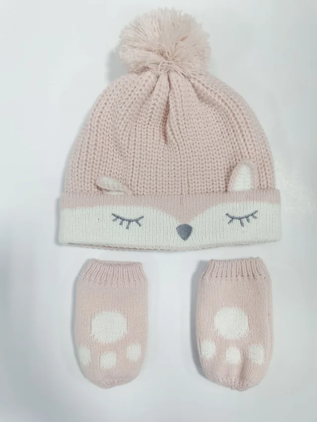 Ywhy-200153 Bby G Knitted Fox Hat & Mittens Set