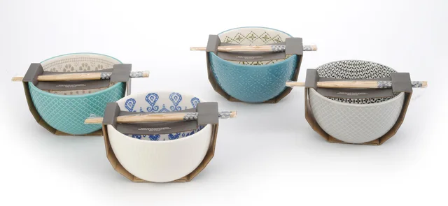 4.5inch stoneware PAD printing two tone color embossed bowl with chopsticks