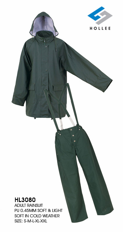 PU attached hood rainsuit with straps