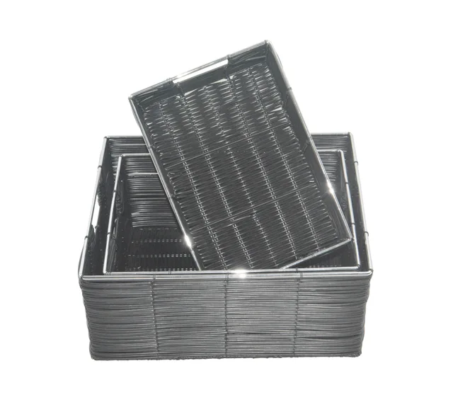 Black metal and PE rattan storage basket set