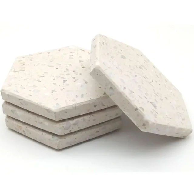 Set 4 Beige Terrazzo Plain Stone Coasters Plate Hexagon Straight Rim Backside With Pads