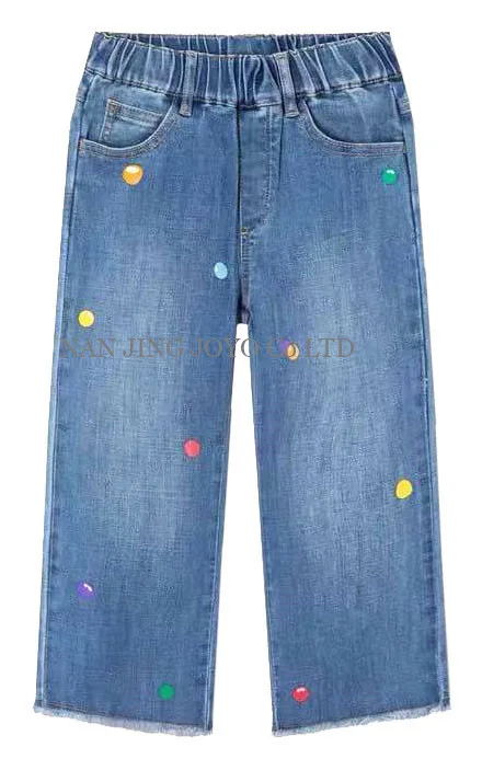 Blue croopped wide leg jeans with emberodery