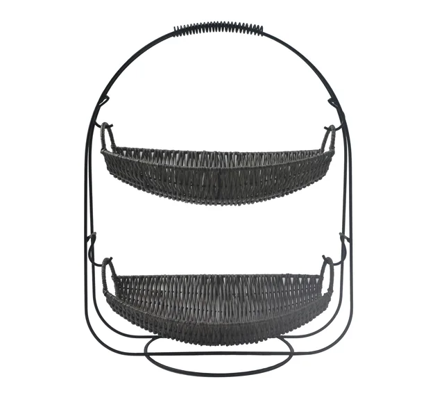 Plastic wicker woven storage boat shape 2 tier fruit basket