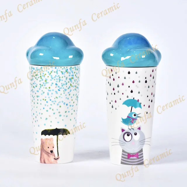 Custom Handle printed design unique cloud shape ceramic mug with lid