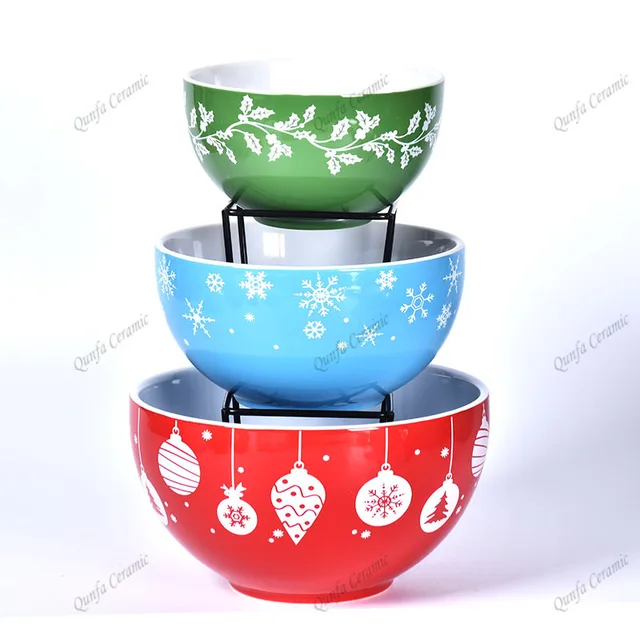 Set of 3 Christmas series Hand Painted fruit Ceramic Salad Serving bowl