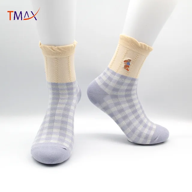 Women jacquard cotton plaid strips crew socks with cartoon embroidery