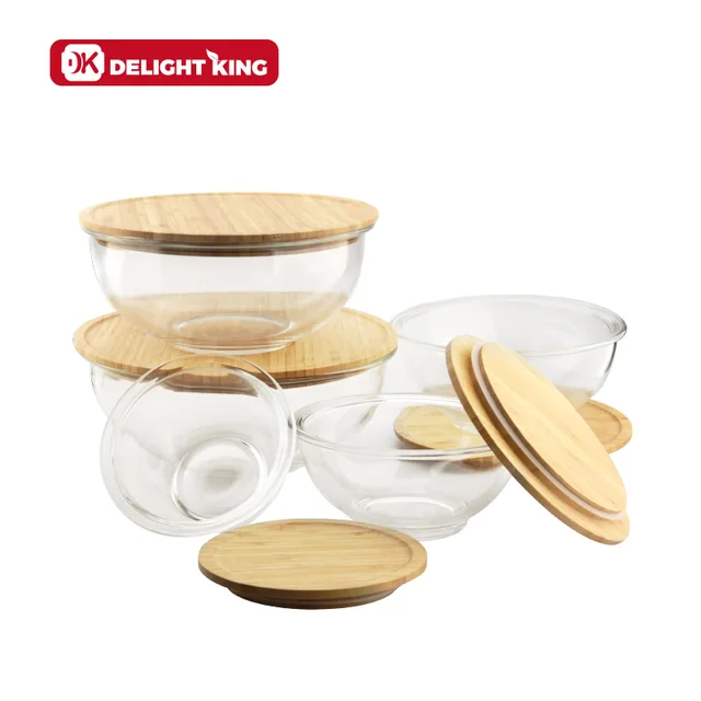 Glass salad bowl with bamboo lid glass mixing bowl
