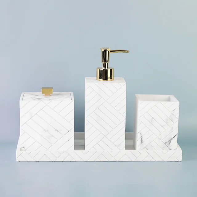 White square resin soap dispenser with marble design and embossment