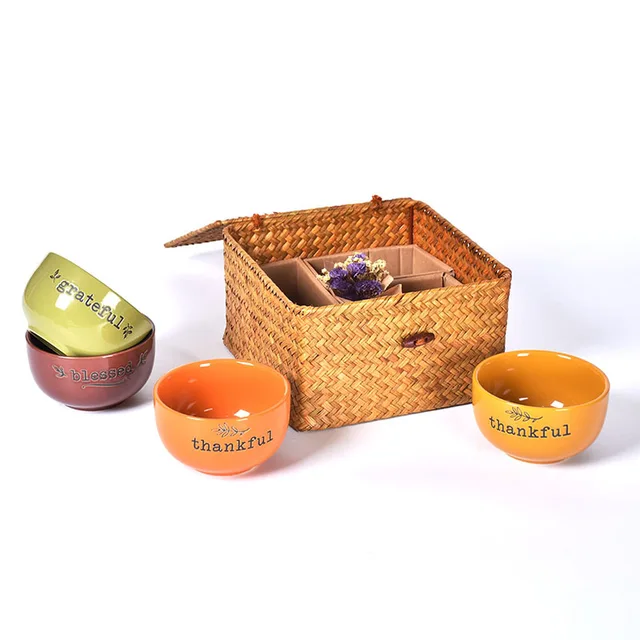 Set of 4 Ceramic Noodle Soup Rice Bowl with bamboo weaving box