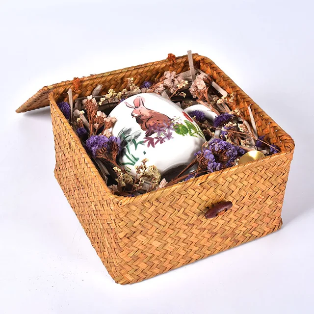 Own design Hand Painted Ceramic Rabbit design Milk mug with Bamboo weaving box