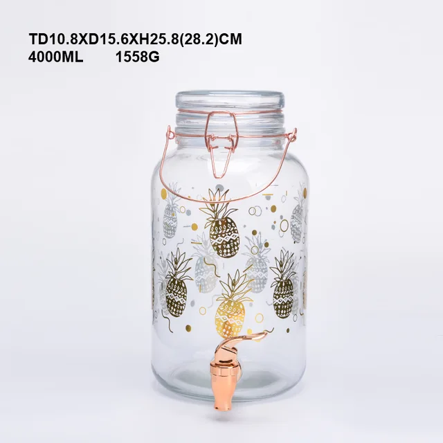 4L pineapple printing Glass beverage jar ICE COLD Glass juice bottle Glass storage jar Glass jar big size glass bottle, glassware, glass canister