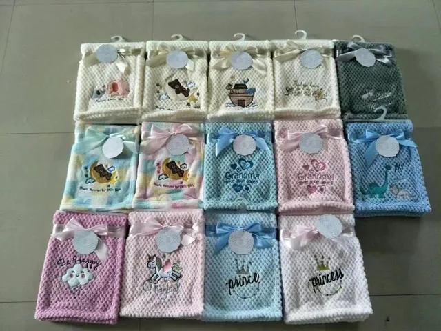 Stock coral flannel sherpa baby blanket with embroidery