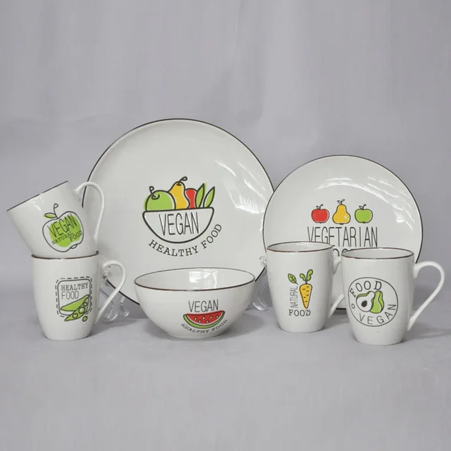 Ceramic fruit and vegetable series Western-style set, 4-piece porcelain tableware set, steak plate, salad bowl, mug