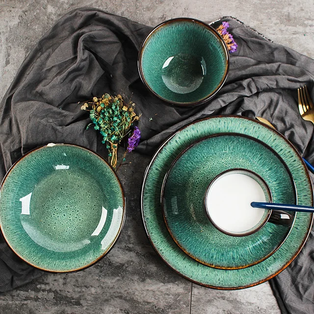 Nordic green Reactive Ceramic Dinnerware Sets for Tableware