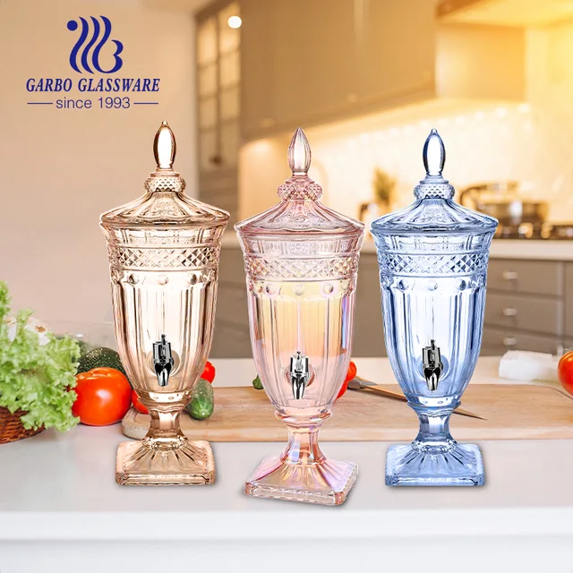 Ion plating blue glass beverage juice drinking dispenser with plastic tap for hotel