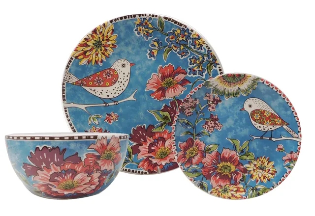 Bright color florals w bird dinnerware