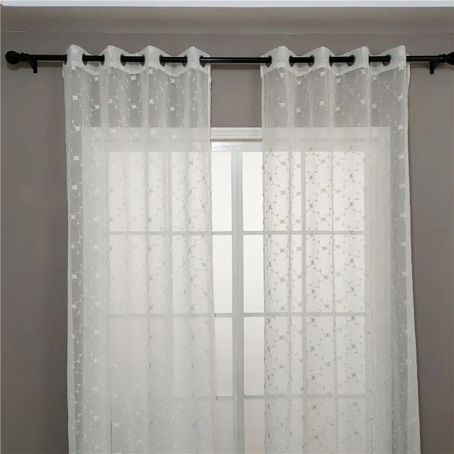 XH-9-2 Beige Geometric Embroidered Semi Sheer Voile Curtain Drapes Light Filtering Linen Look Curtain Panels