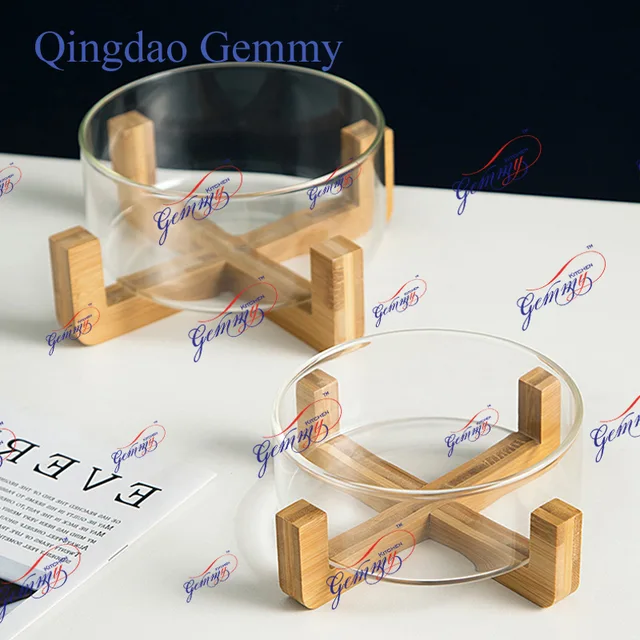 Serving Bowl, High Borosilicate Glass Salad Bowl With Bamboo Base