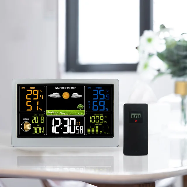 Factory Price Evertop Home Color Digital Thermometer Humidity Sensor Clock Wireless Weather Station Clock with USB Charging Port