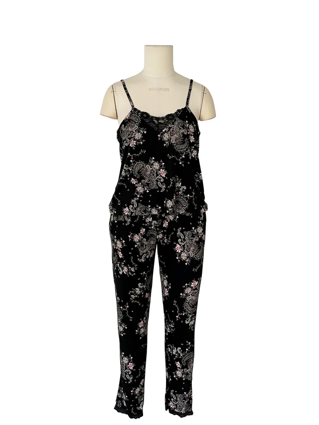 Ladies peached jersey cami&pant with lace set