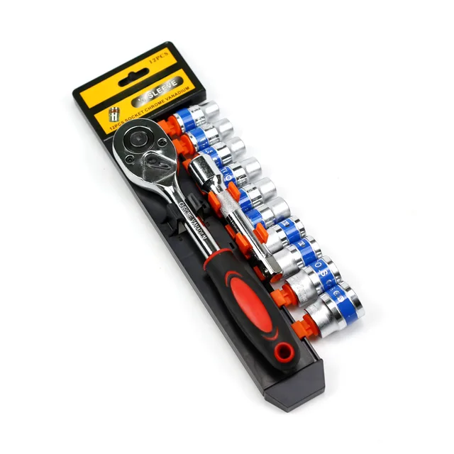12pcs 1/2 blue belt socket sleeve set with ratchet wrench in plastic hanger