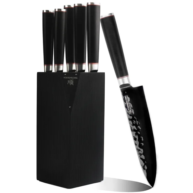 Kitchen Knives Set - Japanese AUS8 Steel Black Titanium - Fraxinus Holder - Blackwood Handle