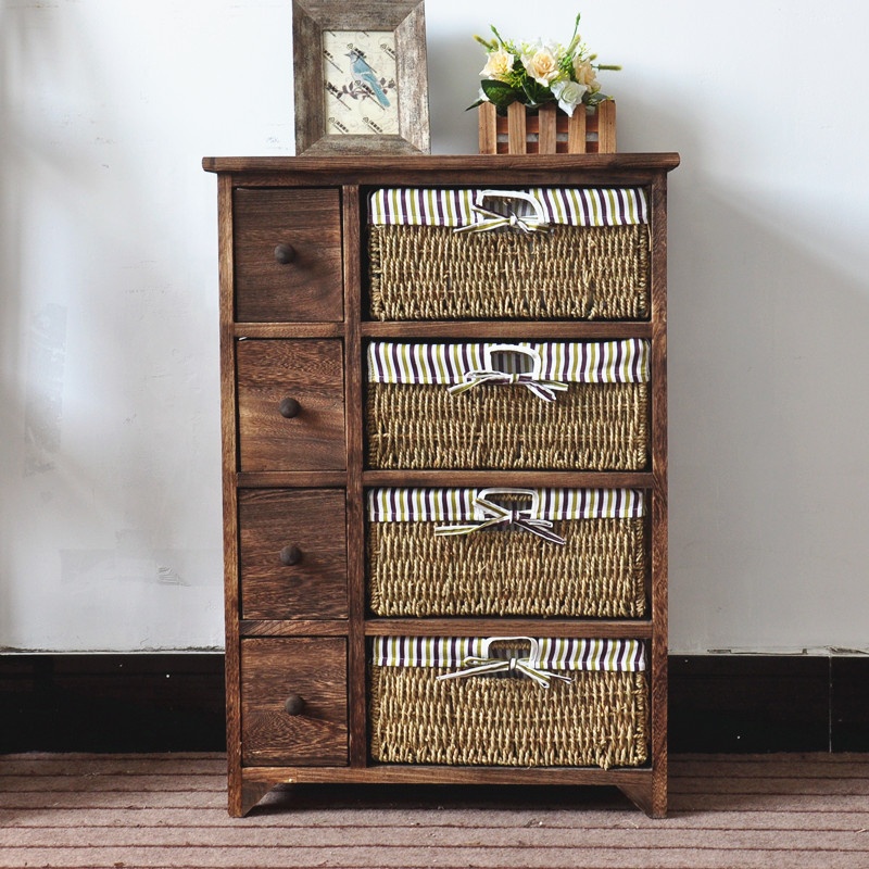 4 tier tall wood cabinet with 4 drawers with rattan basket