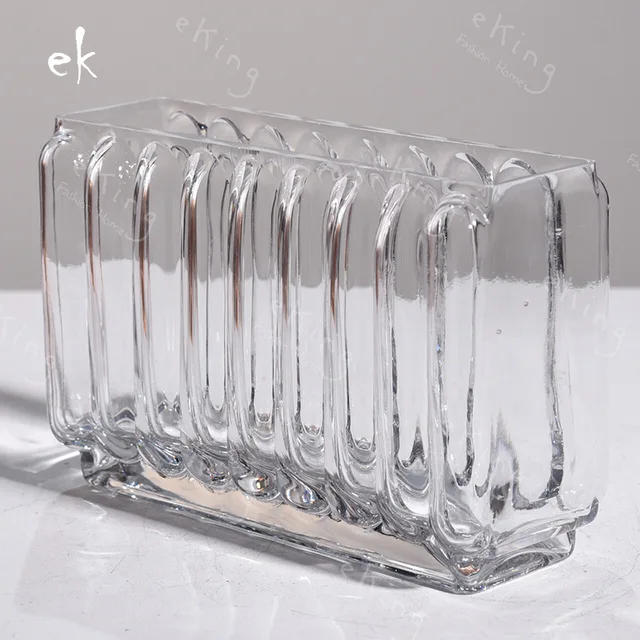 # " rectangle glass flat vase strip pattern colorful decoration nordic style handblown colored