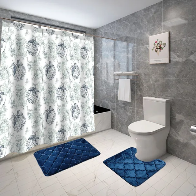 15pcs Flannel Bath Mat Bathroom Sets with Polyester Printed Shower Curtain