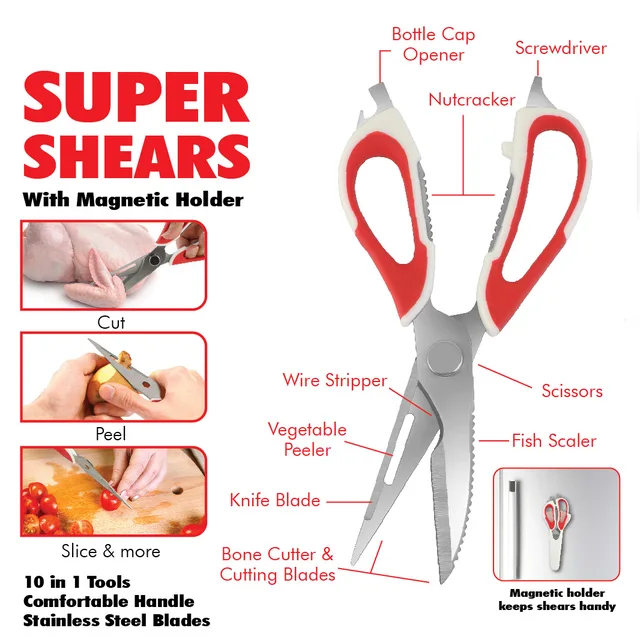 Chef shears the 10 in 1 tool: 22.5cm, 2.8mm, blades can be unclipped for easy cleaning,with PP holder with magnet。1set/blister card