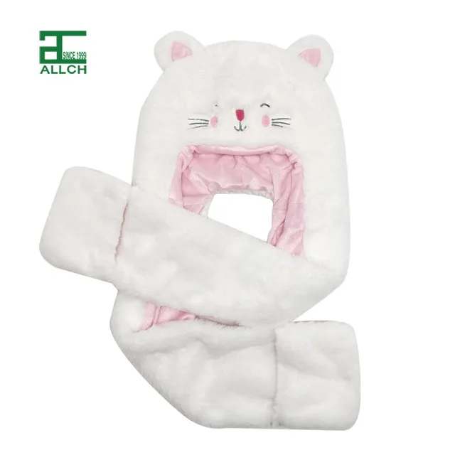 144841 Girls Novelty Fur Hooded Scarf with Lovely Cat Face and Ears and Pocket