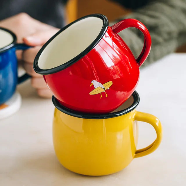Custom Classic 12oz Enamel Mug Metal Steel Camping Mug Enamel Mug With Stainless Steel Rim