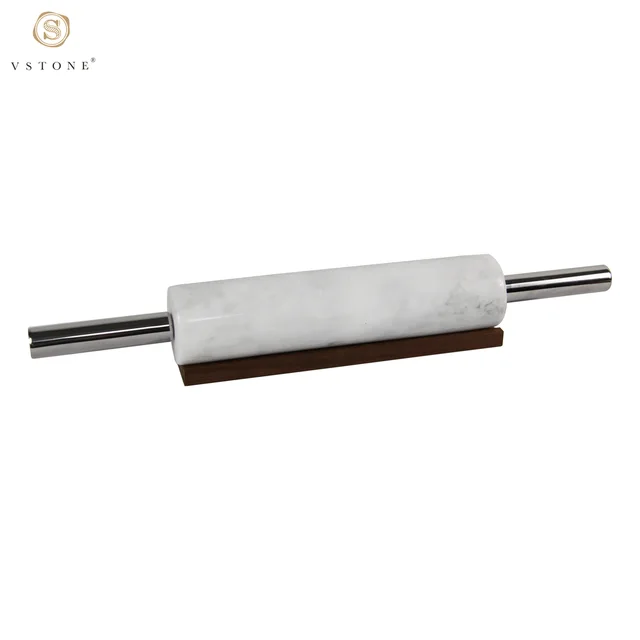White grey marble rolling pin with metal handles and wood stand，marble craft